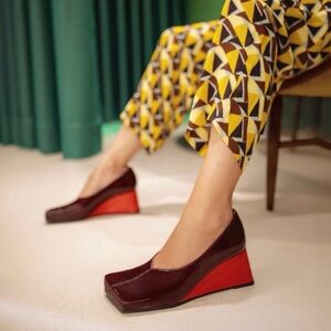 Chie Mihara Burgundy leather Patent Wedges with Red Wedge edgy toe shape